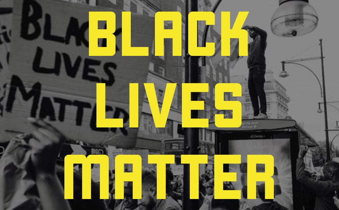 "Black lives matter" in yellow, all-caps text superimposed on black and white image of people protesting
