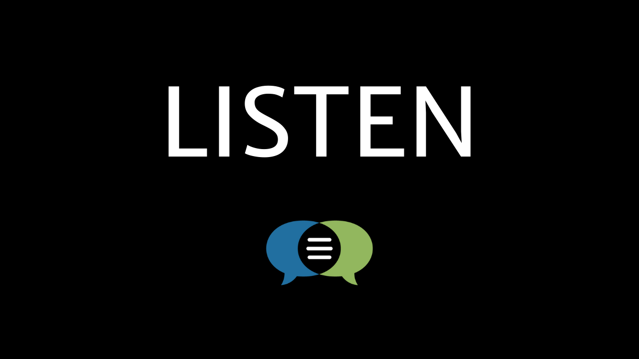 the word "listen" in all caps white text on a black background over the CommunicationFIRST logo
