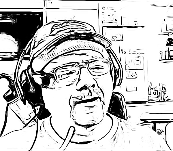 A black and white sketch line drawing of the face and shoulders of a Latinx-appearing man wearing glasses, a baseball cap, a moustache and goatee, wearing headphones and a head mouse with a slight smile on his face