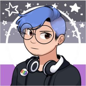 cartoon image of endever*'s avatar showing a white-appearing person with short blue hair wearing glasses, heaphones resting on their shoulders, wearing a dark top and a button with a rainbow image. white stars are on a black, white, and lavender background