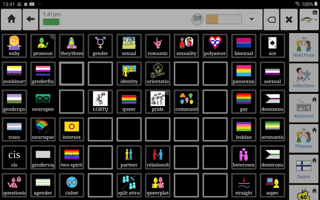 screenshot of a page of an augmentative communication device showing words like nonbinary, genderfluid, identity, orientation, genderqueer, LGBTQ, queer, pride, trans, intersex, cis, gendervague, two-spirit, cishet, questioning, pansexual, asexual, gay, demisexual, lesbian, aromantic, heterosexual, demiromantic, straight, aspec