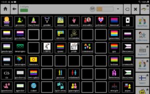 screenshot of a page of an augmentative communication device showing words like nonbinary, genderfluid, identity, orientation, genderqueer, LGBTQ, queer, pride, trans, intersex, cis, gendervague, two-spirit, cishet, questioning, pansexual, asexual, gay, demisexual, lesbian, aromantic, heterosexual, demiromantic, straight, aspec