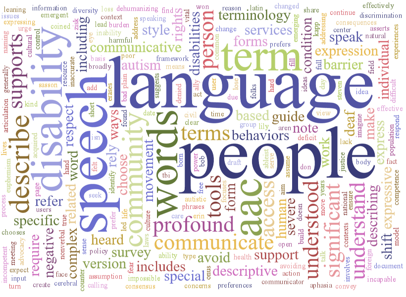 A "word cloud" of this document, showing the words that are used most frequently. The largest words are language, speech, disability, people, communication, and words.