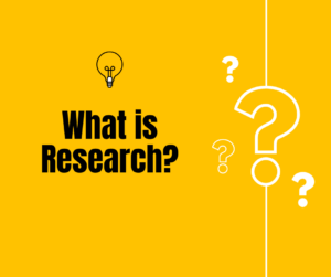 "What is Research?" in black on a bright yellow background with a stylized lightbulb and several question marks in white