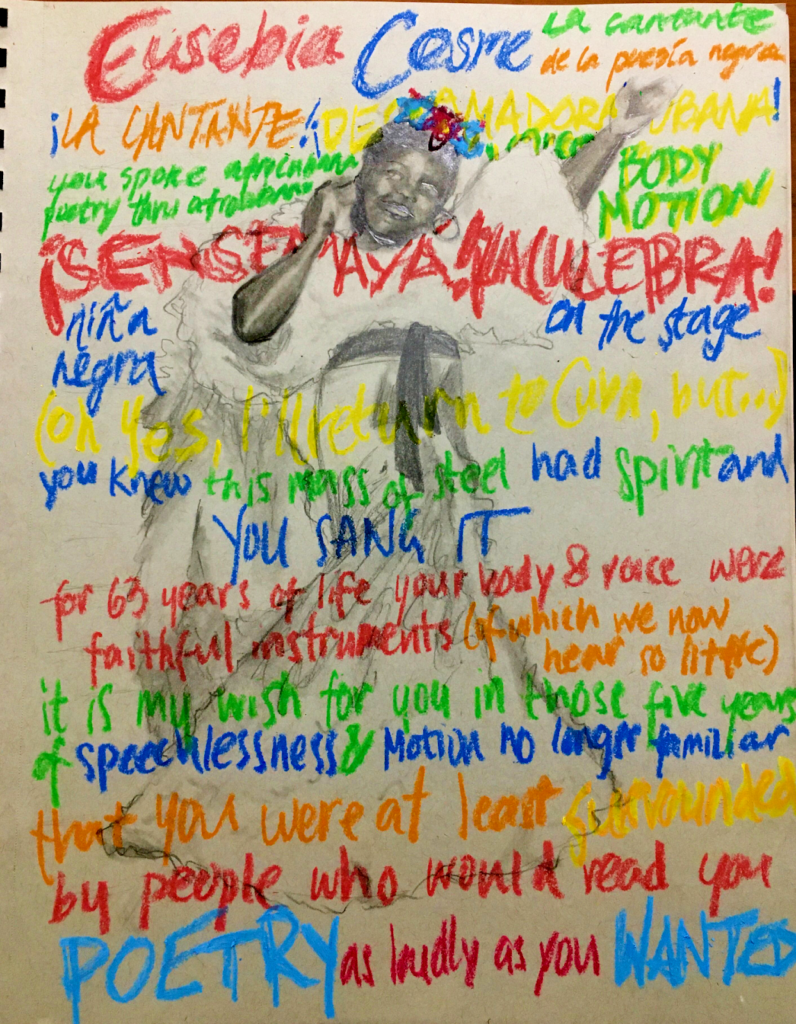 Art by Ren Koloni, which includes a photograph of a realistic black-and-white charcoal drawing of an Afro-Cubana woman, smiling and dancing. Layered behind and on top of her are words in bright, colorful pastels, reading: “Eusebia Cosme, la cantante de la poesía negra, ¡la cantante! ¡declamadora cubana! You spoke afrocubana poetry thru afrocubana voice / body / motion! ¡Sensemaya! ¡La culebra! Niña negra on the stage. (Oh yes, I'll return to Cuba, but...) You knew this mass of steel had spirit and you sang it. For 63 years of life your body & voice were faithful instruments (of which we now hear so little). It is my wish for you, in those five years of speechlessness and motion no longer familiar, that you were at least surrounded by people who would read you poetry as loudly as you wanted.”