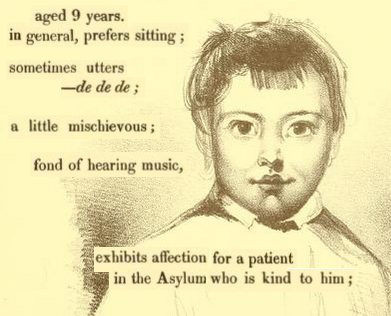 A digital collage poem made by Ren Koloni, one of many created for their essay honoring unseen disabled ancestors. It is centered around a portrait of a young white boy with a kind face and small smile. The poem, constructed of lines from the young boy’s description, is overlaid on top of the portrait. It reads, “aged 9 years / in general, prefers sitting; / sometimes utters / —de de de; / a little mischievous; / fond of hearing music, / exhibits affection for a patient / in the Asylum who is kind to him;”